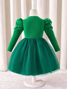 Glamorique Kids Girls' Elegant Sage Green High-End Long Sleeve Dress,Gigot Sleeve With Pearl Decor,Autumn Wedding Guest Gown,Noble Party Christmas Dress For Daily - Green - View 2