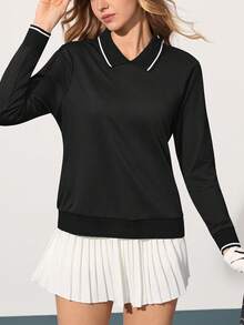 CourtClass Women's Half-Zip Long Sleeve Relaxed Fit Golf Polo Shirt - Black - View 4