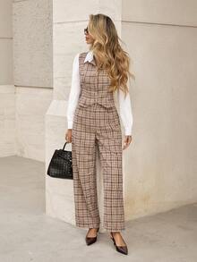 Pariaura 2pcs/Set Women's French Plaid Patchwork Outfit - Coffee Brown - View 6