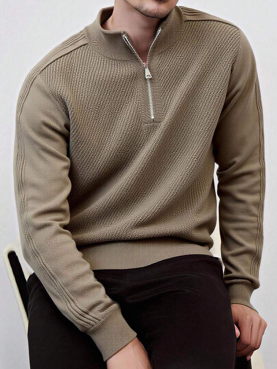 Manfinity Homme Men's Casual Solid Color Zipper Half-Placket Raglan Sleeve Sweater, Autumn/Winter Mock Neck Men - Camel - View 1