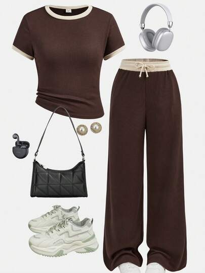 SHEIN Girlism Teen Girls Spring/Summer Fashion Ribbed Brown & White Contrast Color Casual Fitted Basic T-Shirt & Contrast Waistband Loose Pocket Pants Set, Casual Sports Street Chic. Collegiate Sports, Back To School, Football, Outdoor Comfortable Set Girld Outfit Set Pants And Top Set Teen Girl Brown Set Girl Brown Outfit
