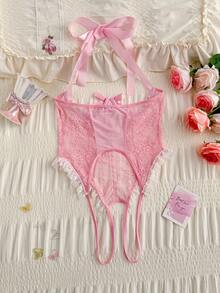 PetitDoll 情人节女士粉色甜美露背蝴蝶结装饰性感蕾丝连体裤 - 粉色 - 查看 2