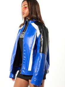 SUMWON WOMEN Racing Inspired Colorblock Faux Leather Motorcycle Jacket With Blue Black White Panels Zip Front Stand Collar - Multicolor - View 4