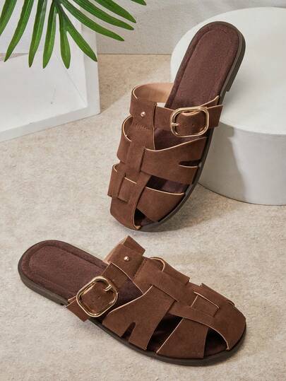 Solezae #QuietLuxury Women's Vegan Suede Camel Buckle Strap Fisherman Slide Sandals – Elegant, Soft & Vacation-Ready.