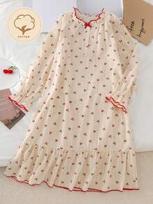 Girls' Korean Ins Style Sweet Cherry Print Bicolor Soft Cotton Dress With Ruffle Hem And Cuffs, Suitable As Casual Nightgown - Multicolor - View 5