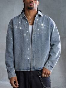 ROMWE MEN Street Life Men's Rhinestone Embellished Long Sleeve Denim Shirt - Blue - View 7