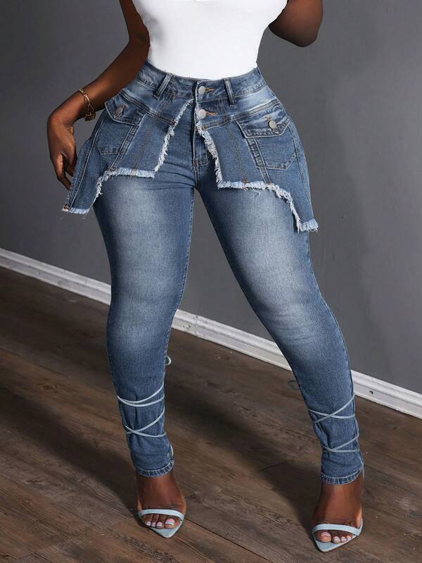 Slaydiva Plus Size Women Patchwork Frayed Hem Skinny Jeans Lace Up Jeans Bow Jeans  Curve