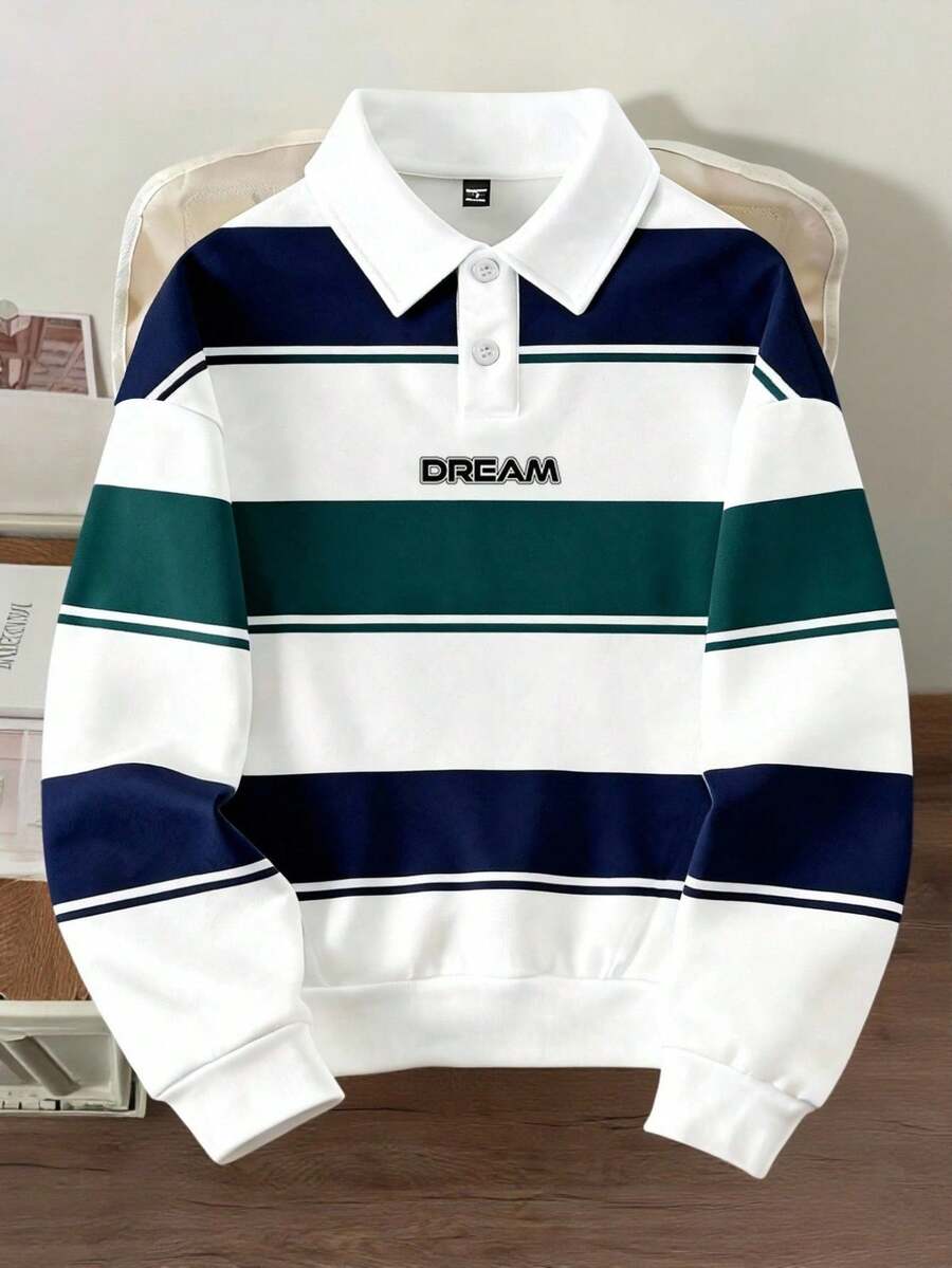 Manfinity Joysei 男士时尚蓝绿条纹 Polo 领卫衣，适合秋冬季节穿着，时尚百搭 - 白色 - 查看 1