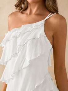 SHEIN BAE Asymmetric Solid Yellow Backless Tie Strap Layered Ruffle Hem Mini Dress, Suitable For Vacation, Beach, Party, Music Festival, Graduation, Back To School,Summer Dresses For Women - White - View 6