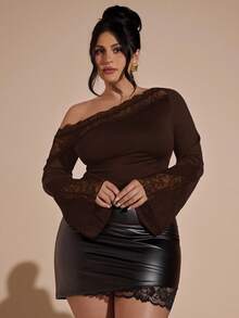 SHEIN BAE Áo hở vai ren bất đối xứng tay dài màu đen cỡ lớn cho nữ - Cà phê nâu - Xem 4