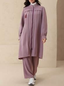 Modelyn 修身优雅纯色长袖拉链外套，阿拉伯风格女装，秋冬款 - 紫色 - 查看 3