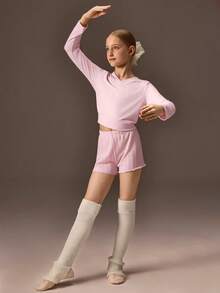 SHEIN Tween Girl Light Pink Knit Shorts,Summer Cute Dancewear,Loose-Fitting Athletic Style For Ballet Practice,Outdoor Activities Or Casual Wear - Pink - View 6
