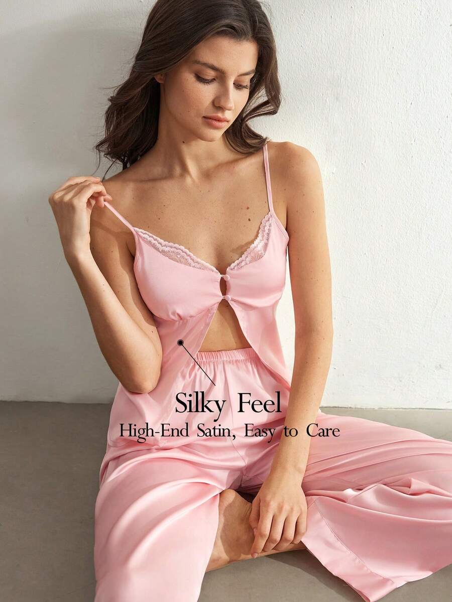 Ocili Bộ đồ ngủ tối giản thoải mái bằng vải satin mềm mại, ren, thoải mái dành cho nữ - Hồng - Xem 1