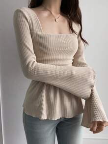 DAZY Women's Square Neck Fitted Ribbed Flare Sleeve T-Shirt Spring - White - View 2