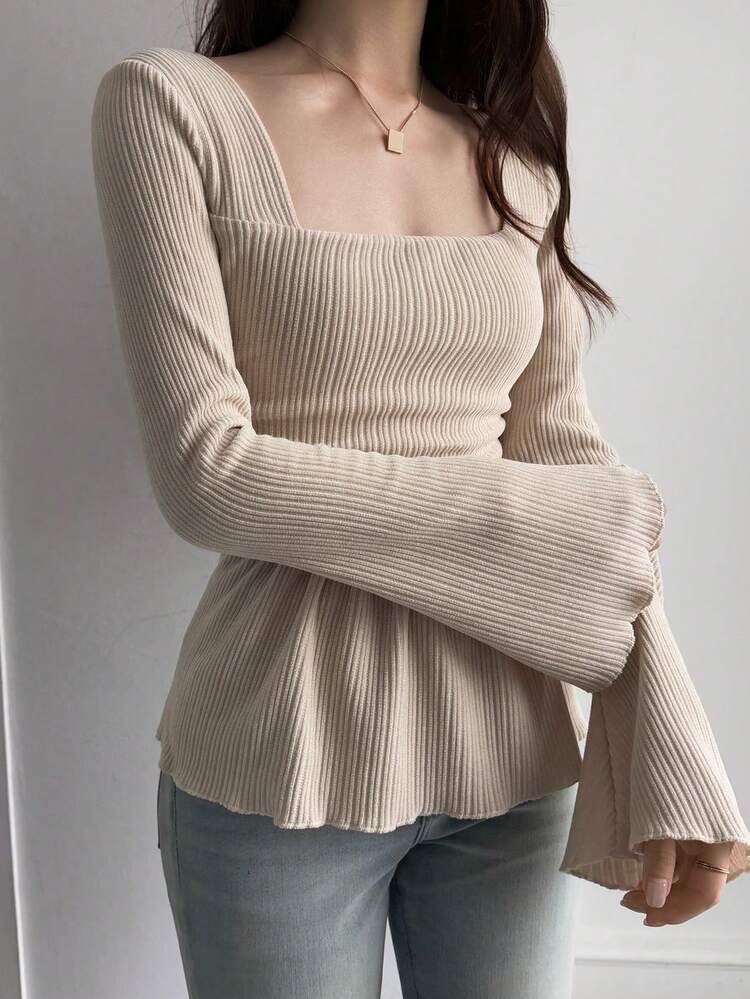 Women's Square Neck Fitted Ribbed Flare Sleeve T-Shirt Spring Babydoll Top