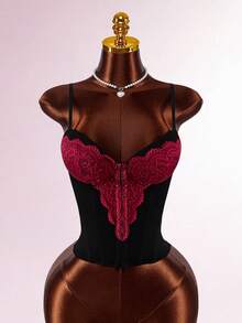 Amplova Valentine's Day Sexy Lace Splice Sleeve Design Low-Cut Women's Camisole - Black - View 3