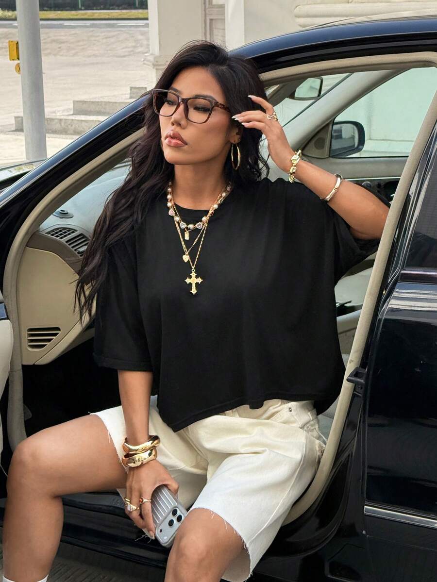 SHEIN EZwear Women's Casual Asymmetrical White Knit T-Shirt - Black - View 1