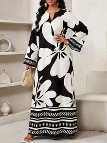 SHEIN Lady Women's Floral Print V-Neck Long Sleeve Loose Dress, Vacation Style - Black and White - View 5