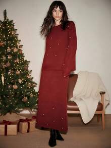 SHEIN Luminelle 2 件女士优雅手工水钻针织毛衣和裙子套装，宽松星空套头衫和中长裙