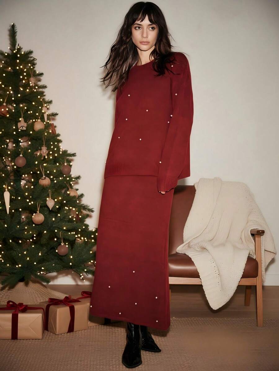 SHEIN Luminelle 2 件女士优雅手工水钻针织毛衣和裙子套装，宽松星空套头衫和中长裙