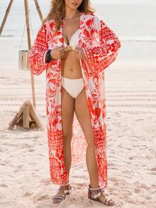 Swim Vcay Plus Size Women Minimalist Beach Resort Casual Placement Print Mesh Cardigan, Suitable For Beach Vacation - Multicolor - View 4