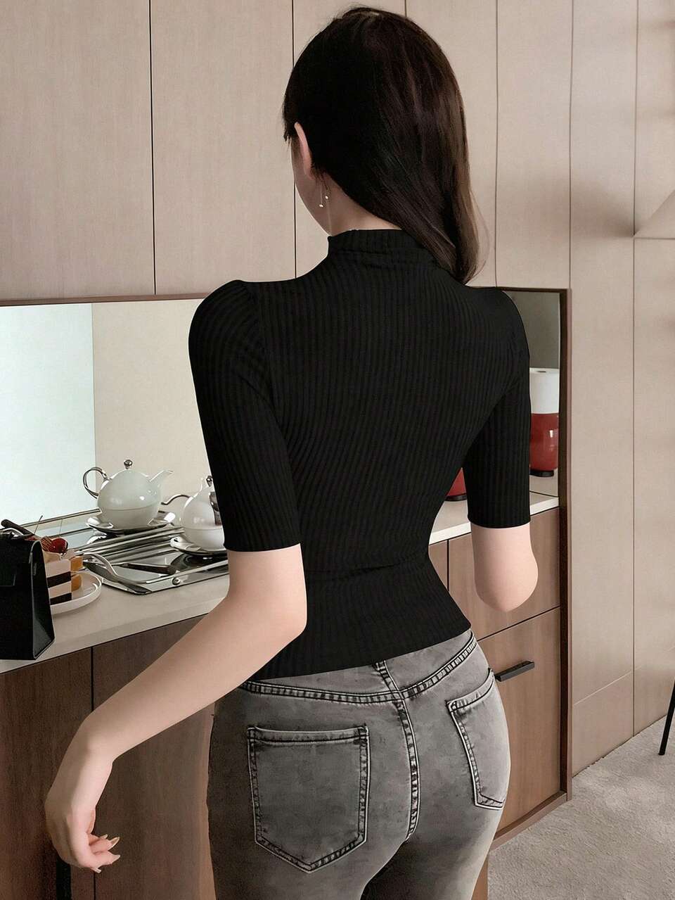 Women's Brushed Cropped Top, Turtleneck Short Sleeve T-Shirt