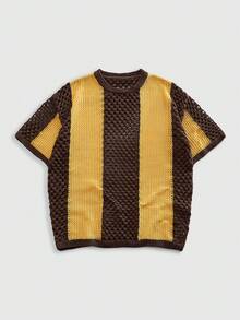 ROMWE MEN Street Life 男士圆领拼接镂空休闲百搭针织短袖上衣 - 彩色 - 查看 1