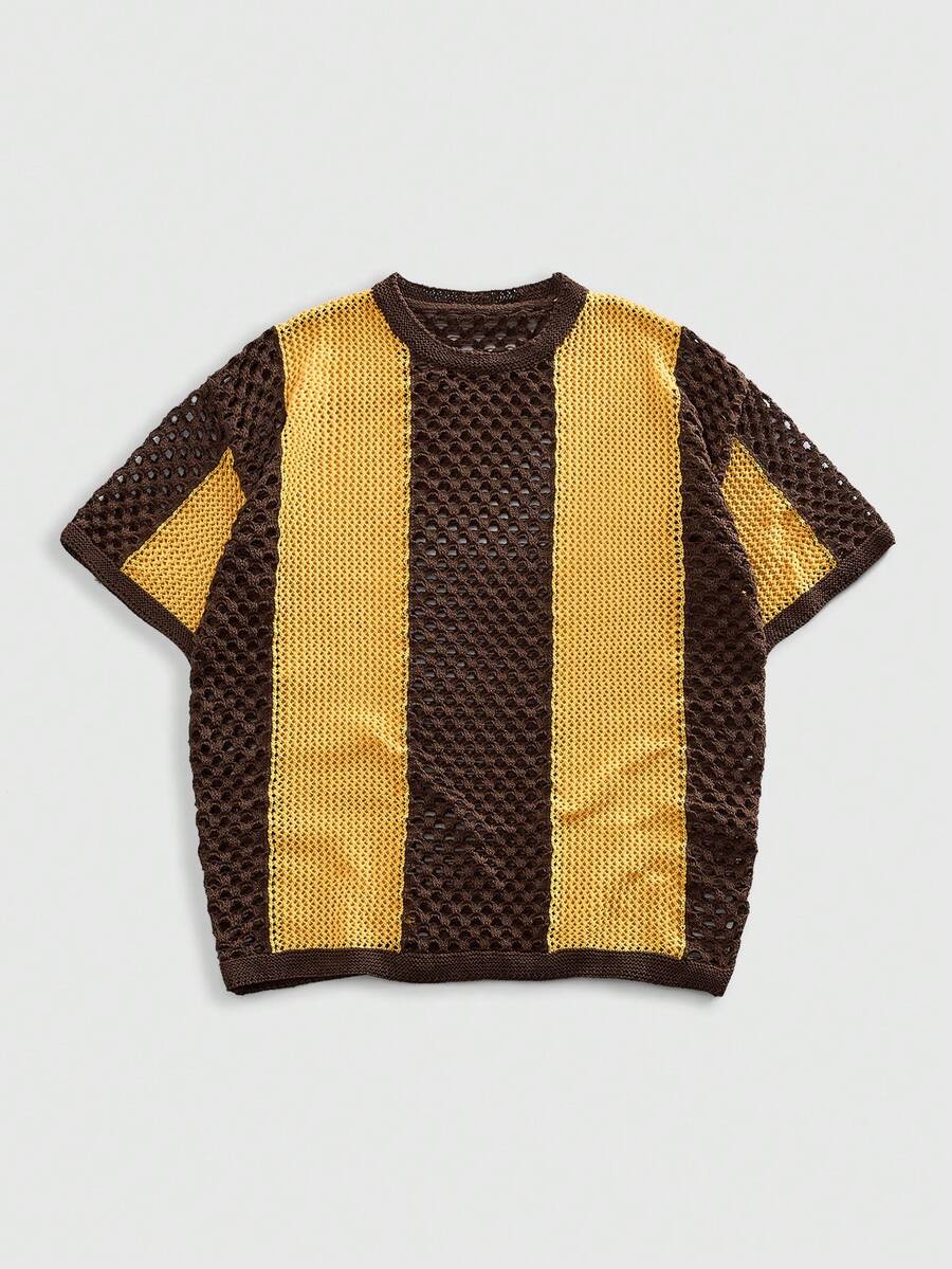 ROMWE MEN Street Life 男士圆领拼接镂空休闲百搭针织短袖上衣 - 彩色 - 查看 1