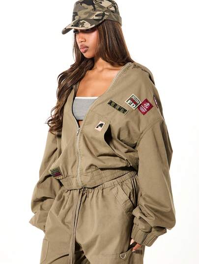 SUMWON WOMEN Oversized Military Hooded Denim Carpenter Jacket With Patches And Star Details For Fall Winter Layering