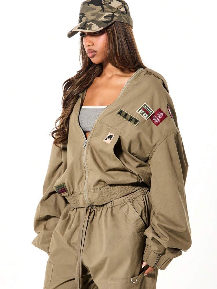 SUMWON WOMEN Oversized Hooded Denim Military Jacket With Patches