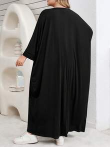 SHEIN CURVE+ 大码女式休闲宽松舒适日常基础款修身黑色七分袖连衣裙，简约风格，大码连衣裙，女士教堂礼服，户外服装/2026/新年 - 黑色 - 查看 2