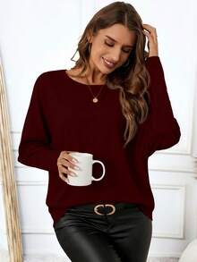 EMERY ROSE Casual Solid Burgundy Women T-Shirt, Suitable For Spring, Autumn And Winter Carnival Burgundy Top Batwing Sleeve Top - Multicolor - View 3