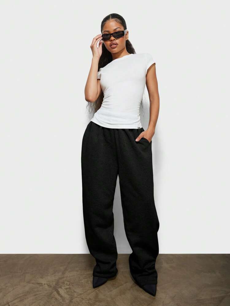 SUMWON Plus Size Loose Fit Elastic Waist Heathered Sweatpants With Side Pockets Comfortable Casual Loungewear For Everyday Wear Fall Winter