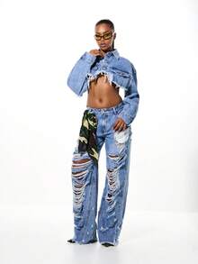 SUMWON Jeans en denim à taille haute et jambes larges, déchirés avec des trous extrêmes et des détails de bas bruts pour un look casual de rue en grandes tailles - Jean clair - Voir 3