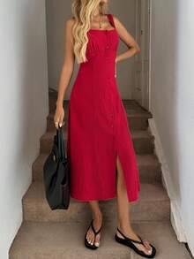 Easowa Square Neck Ruched Bust Cup High Slit Back Tie Cinched Waist A-Line Midi Dress, Sourced Cotton Fabric, Casual Vacation Elegant For Women,Summer Dresses For Women - Red - View 4