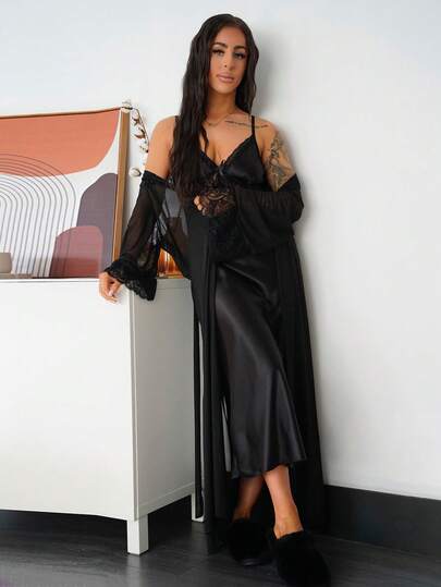 SAYEHFBABY Elegant Girl's INS Satin Lace Robe & Dress Sleepwear Set For Women