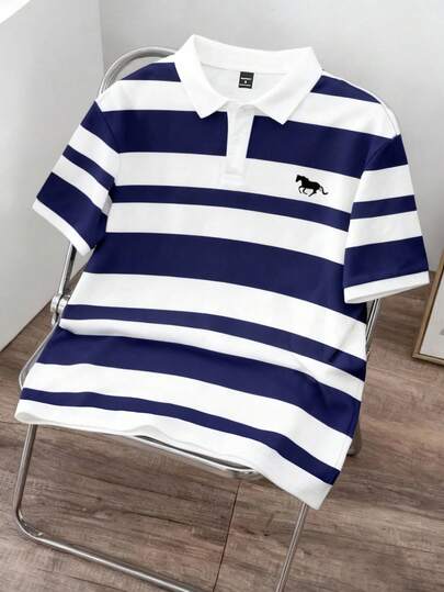 Manfinity Joysei 男士条纹领纽扣半开襟动物纹休闲百搭通勤短袖 Polo 衫