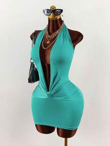 Amplova Váy ngắn ôm sát cổ chữ V xếp nếp dành cho nữ - màu xanh lá - Xem 4