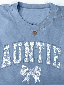 SHEIN EZwear 大码夏季字母蝴蝶结印花圆领短袖T恤 - 霧霾藍 - 查看 3