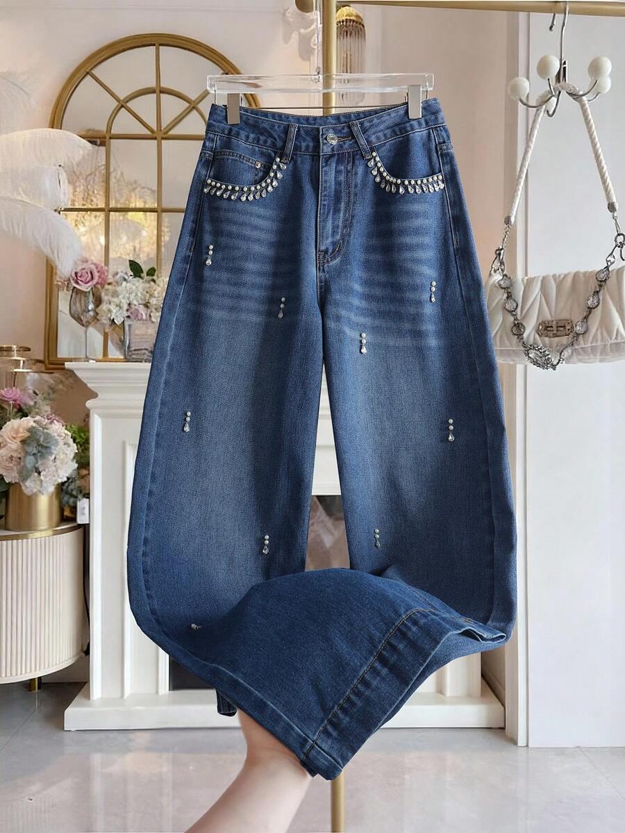 GlowEve 女士仿珍珠装饰口袋阔腿宽松休闲牛仔裤 - 藍色 - 查看 1