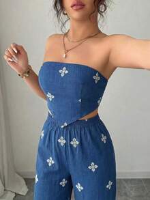 Elenzga 2件套 女士复古印花抹胸蝴蝶结优雅浪漫度假套装 - 藍白色 - 查看 6