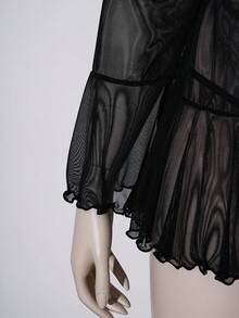 SHEIN 2pcs/Set Women's Punk Style Sexy Mesh Eyelet Lace-Up Ruffle Hem Slit Skirt Set - Black - View 9