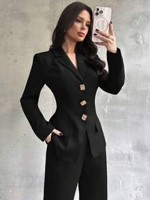 Firerie Bộ vest vest blazer phong cách cổ điển thanh lịch và quần ống loe ôm cho nữ - màu đen - Xem 4