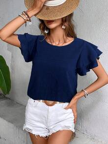 EMERY ROSE 纯色荷叶边衬衫，短袖上衣 - 藏蓝色 - 查看 3