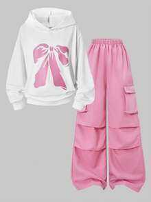SHEIN ChillGRL 2 Stücke/Set Grafik-Muster Hoodie Sweatshirt und Cargo Hose mit elastischem Bund für Kleine Tween Mädchen - Pink - Übersicht 3