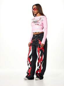 SUMWON WOMEN Tokyo Drift Japanese Racing Motocross Long Sleeve Crop Top With Shirred Elastic Waist Detail - Pink - View 3
