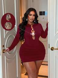 NU&NOW 大码金属金色亮面圆扣镂空性感紧身连衣裙，黑色连衣裙，性感连衣裙，派对连衣裙，派对套装