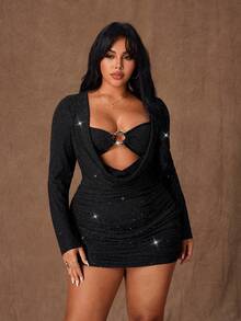 Rustia 大码女式黑色垂褶领/金属纽扣镂空/极简亮片弹力修身下摆，休闲夜店商务休闲装，弹力紧身休闲日常/情人节/生日连衣裙，性感派对/街头/度假/约会装，长袖新款短裙，春夏秋冬皆宜 - 黑色 - 查看 6