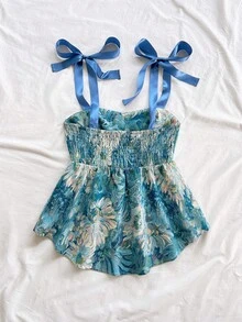 Soleia WYWH Women's Summer Vacation, Graduation, Wedding, Back To School, Easter Party Lunch Cute Casual Camisole, Sweet Romantic Floral Texture Knit Camisole Top, Elastic Waist Loose Asymmetric Hem, Yellow - Blue - View 2