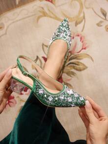 CUCCOO TILAWA Giày cao gót mũi nhọn đính đá thời trang dự tiệc thanh lịch dành cho nữ - màu xanh lá - Xem 1